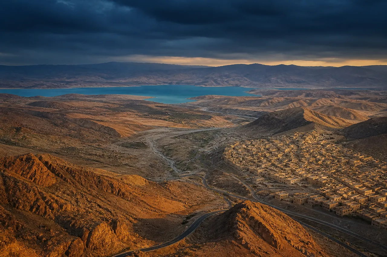 An arid valley at sunset with a winding road, a reservoir and a small town on the hillside.