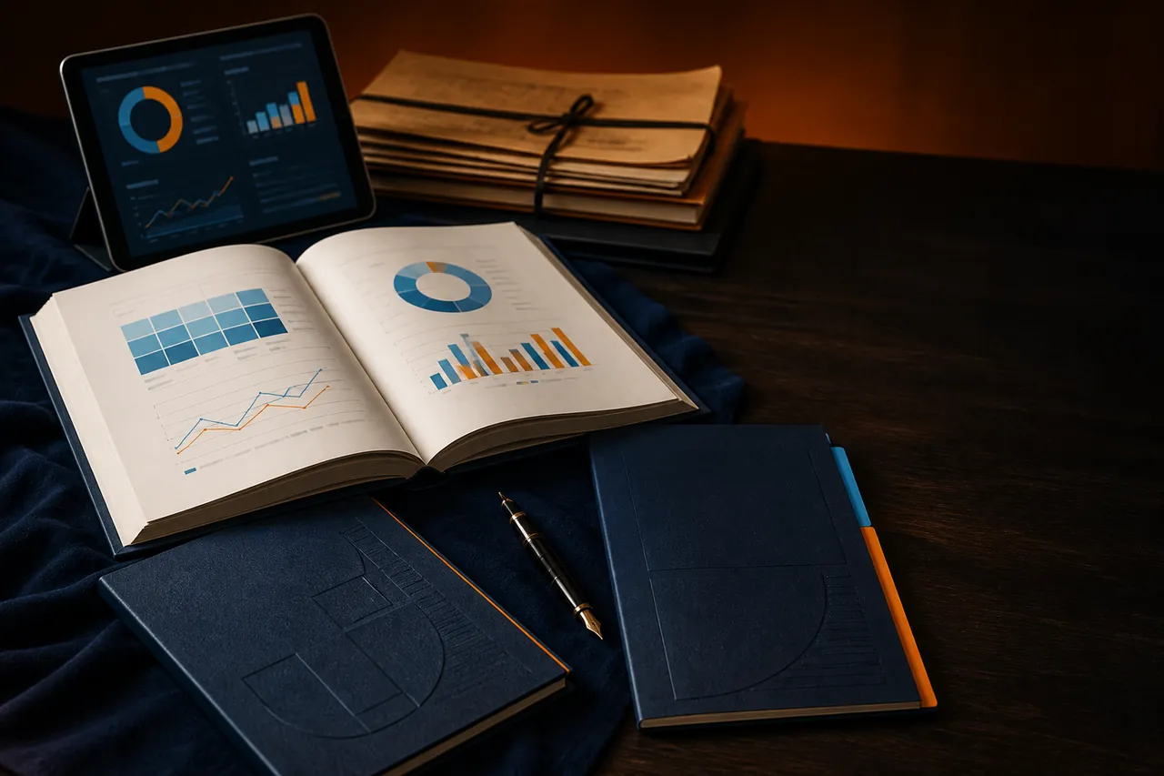 Printed research reports, charts and knowledge products arranged on a desk.